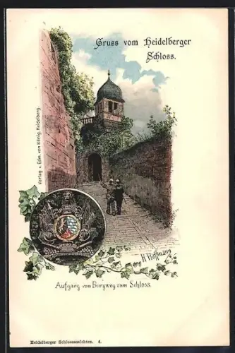 Lithographie Heidelberg, Aufgang vom Burgweg zum Schloss, Wappen