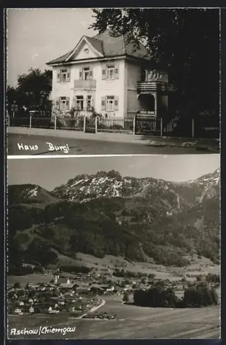 AK Aschau /Chiemgau, Hotel Haus Burgi, Ortsansicht mit Bergen