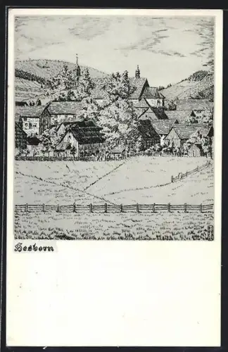 Künstler-AK Hesborn /Brilon, Ortsansicht mit Kirche und umliegenden Gebäuden