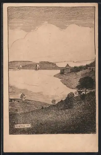 Künstler-AK Möhnesee, Möhnetalsperre, Stausee, Uferlandschaft