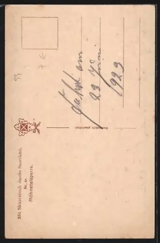 Künstler-AK Möhnesee, Möhnetalsperre, Stausee, Uferlandschaft