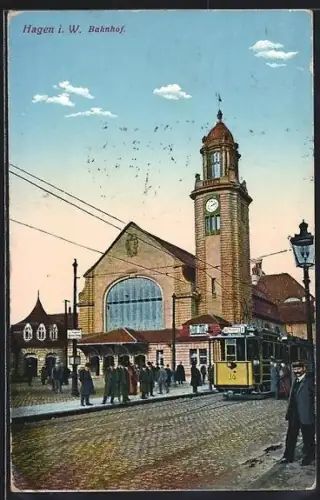 AK Hagen i. W., Bahnhof, Strassenbahn