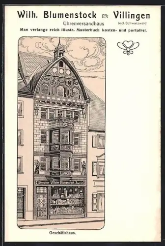 Künstler-AK Villingen / Baden, Geschäftshaus Wilh. Blumenstock, Uhrenversandhaus