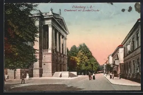 AK Oldenburg i. O., Strasse Theaterwall mit Landes-Theater