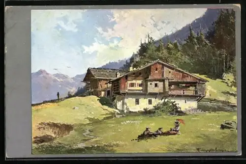 Künstler-AK T.Guggenberger: Almhütte im Sommer