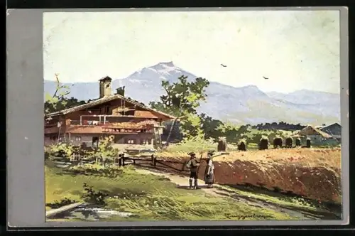 Künstler-Lithographie Theodor Guggenberger: Sommerlandschaft mit Bauernhaus