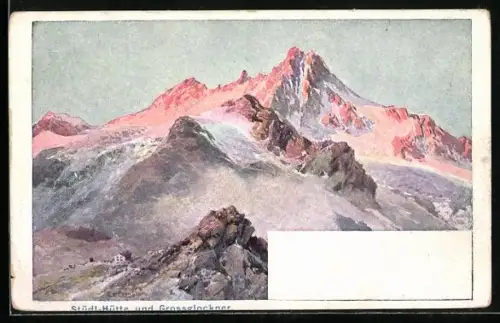 Künstler-Lithographie Edward Theodore Compton: Stüdl-Hütte und Grossglockner