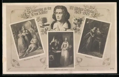 AK 100. Todestag Schillers 1905, Portrait und Szenen aus berühmten Werken