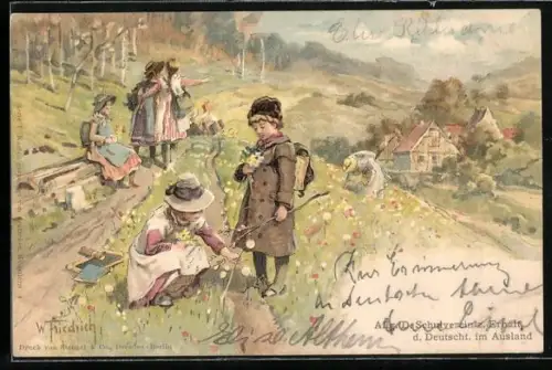 Künstler-AK Stengel & Co, ländliche Szene, Kinder beim Blumen pflücken