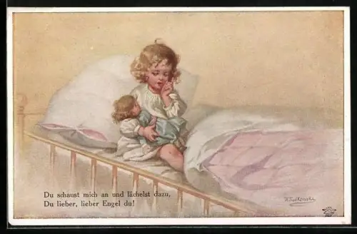 Künstler-AK Wally Fialkowska: Du schaust mich an und lächelst dazu..., Kind mit Puppe