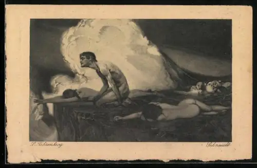 Künstler-AK Ludwig Fahrenkrog: Sehnsucht, nackte Menschen auf den Felsen in der Brandung