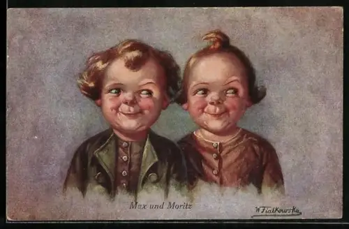 Künstler-AK Wally Fialkowska: Max und Moritz lächeln bübisch