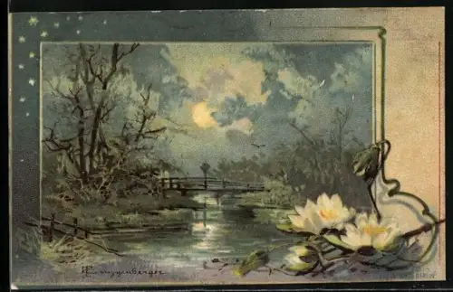 Künstler-AK Theodor Guggenberger: Wasserrosen an einem Gewässer bei Nacht