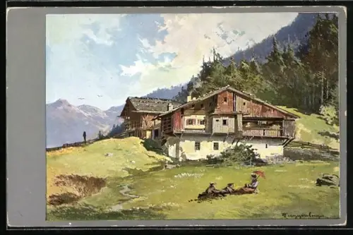 Künstler-AK T.Guggenberger: Almhütte im Sommer