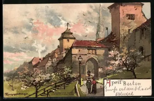Künstler-AK T.Guggenberger: Monat April, Stadttor & Spaziergänger im Park