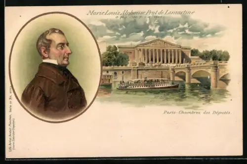 Lithographie Paris, Chambres des Députés, Portrait des Dichters Marie Louis Lamartine