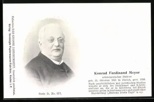 AK schweizerischer Dichter Konrad Ferdinand Meyer, Portrait, geb. 1825, Vers