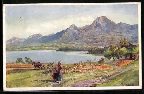 Künstler-AK Edward Theodore Compton: Faakersee mit Mittagskogel, Bauern auf dem Feld