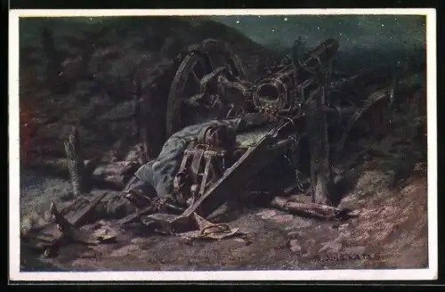 Künstler-AK Rotes Kreuz, Kriegsfürsorgeamt Nr. 495, Fr.Jung: Artillerist kämpfte bis zum letzten Atemzug gegen den Feind