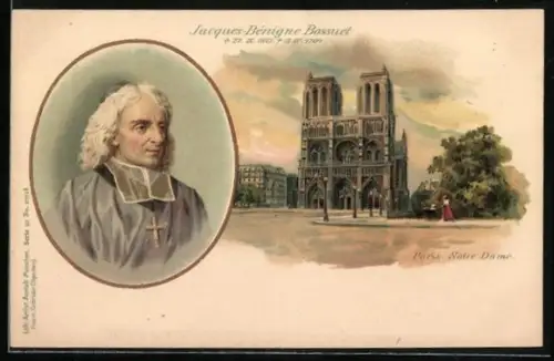 Lithographie Paris, Notre Dame, Jacques-Bénigne Bossuet