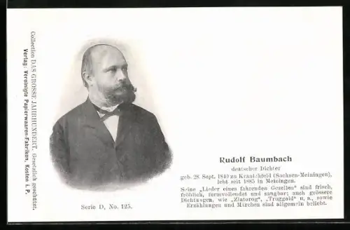 AK Rudolf Baumbach, Portrait und Kurzvita des Dichters