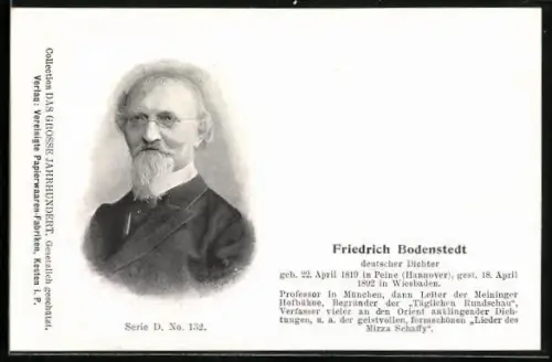 AK Friedrich Bodenstedt, deutscher Dichter, geb. 22.4.1819, gest. 18.4.1892