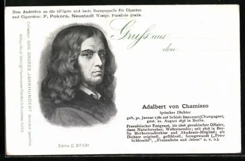 AK Portrait des Adalbert von Chamisso, lyrischer Dichter