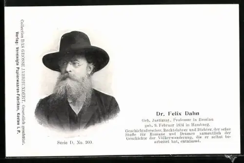 AK Portrait des Dichters Dr. Felix Dahn, Professor in Breslau, geb. 1834 in Hamburg