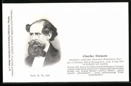 AK Charles Dickens, berühmter englischer Humorist, 1812-1870, Oliver Twist