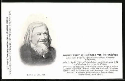 AK Dichter, Sprachforscher und Litterarhistoriker August Heinrich Hoffmann von Fallersleben, Profilbild, Vers
