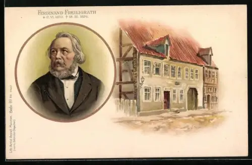 Lithographie Ferdinand Freiligrath, deutscher Lyriker und Übersetzer