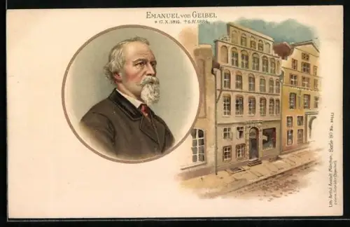 Lithographie Emanuel von Geibel, deutscher Lyriker