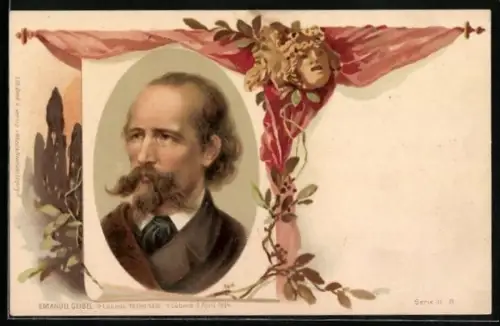 Lithographie Emanuel Geibel, Portrait, Lorbeer, Maske