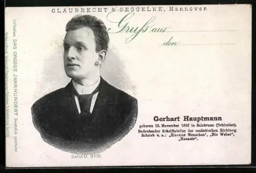 AK Gerhart Hauptmann, Jugendportrait und Kurzvita des Dichters, Reklame Glaubrecht & Seggelke, Hannover