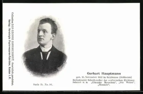 AK Gerhart Hauptmann, Portrait als junger Mann, Kurzvita