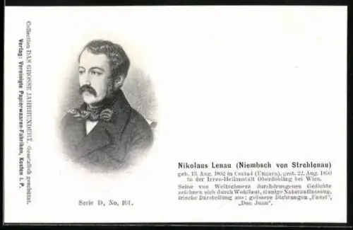AK Nikolaus Lenau / Niembsch von Strehlenau, Portrait und Kurzvita des Dichters