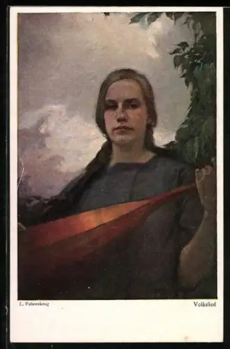 Künstler-AK Ludwig Fahrenkrog: Volkslied, Mädchen spielt auf der Laute