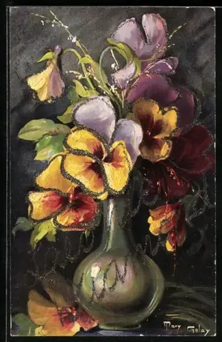 Künstler-AK Mary Golay: Vase mit verschiedenfarbigen Stiefmütterchen