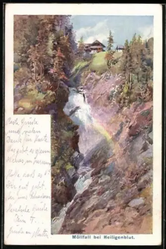Künstler-AK Edward Theodore Compton: Möllfall bei Heiligenblut, Ansicht des Wasserfalls mit Regenbogen