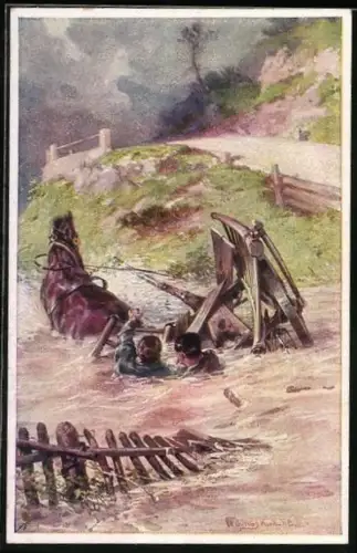 AK Rotes Kreuz Nr. 496, Wachtmeister Johann Rinagl rettet einen Soldaten vor Hochwasser