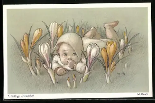 Künstler-AK Meta Goetz: Frühlingserwachen, Baby auf der Tulpenwiese