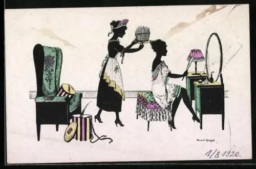 Künstler-AK Manni Grosze: Zofe reicht einer Dame einen Hut