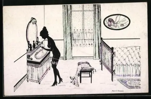 Künstler-AK Manni Grosze: Schöne Nackte bei der Morgentoilette