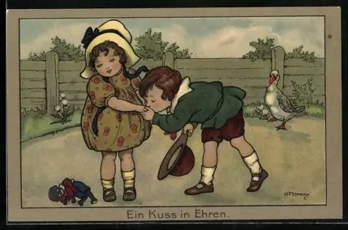 Künstler-AK Florence Hardy: Junge küsst dem Mädchen die Hand, I love you