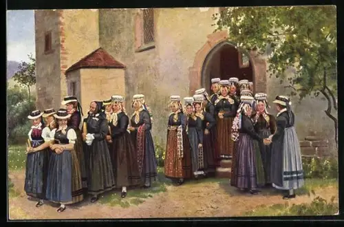 AK Kirchgang im Schwarzwald in Tracht