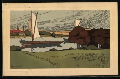 Künstler-AK Meissner & Buch (M&B) Nr. 1674: Segelnde Schiffe an einem Fabrikgebäude