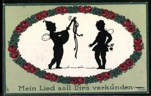 Künstler-AK Dora Heckel: Mein Lied soll Dir`s verkünden, Elfenpaar im Blumenkranz