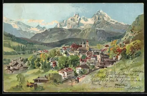 Künstler-AK Karl Heinisch: Berchtesgaden, Teilansicht mit Bergen