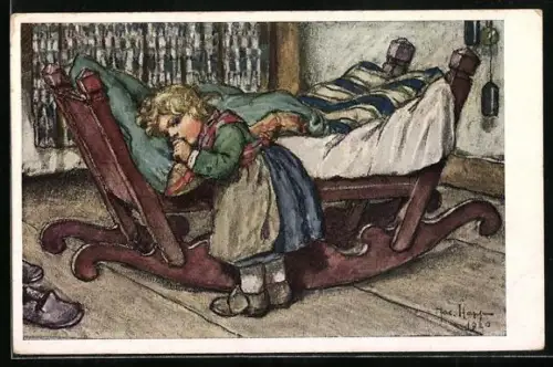 Künstler-AK sign. Jac. Happ: Kind an der Wiege