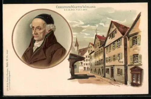 Lithographie Christoph Martin Wieland, Portrait und Hausansicht
